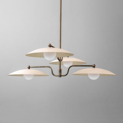 Mid-century modern chandelier with three white globe lights and curved antique brass arms. - CHANDELIER MODEL NO. 1192