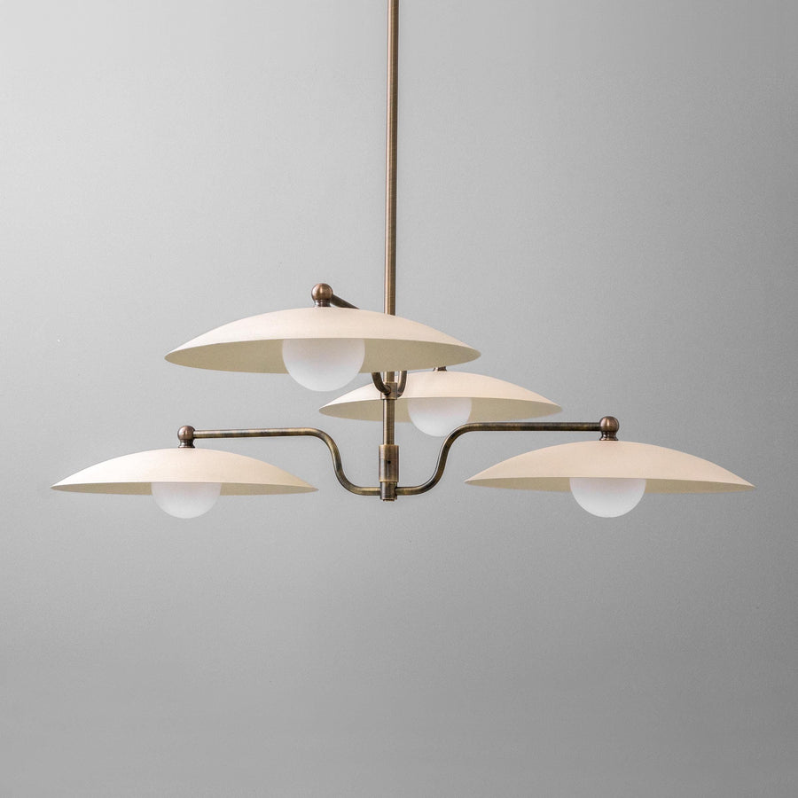 Mid-century modern chandelier with three white globe lights and curved antique brass arms. - CHANDELIER MODEL NO. 1192
