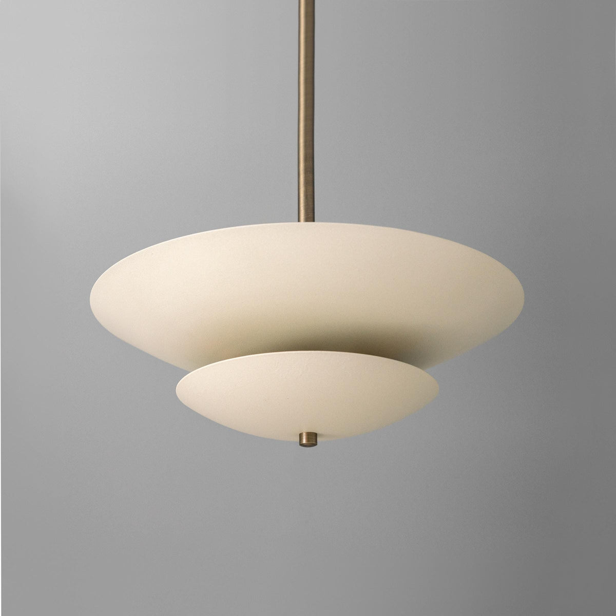 Mid-century modern cream pendant chandelier with two disc-shaped shades and brass suspension rod. - CHANDELIER MODEL NO. 3434