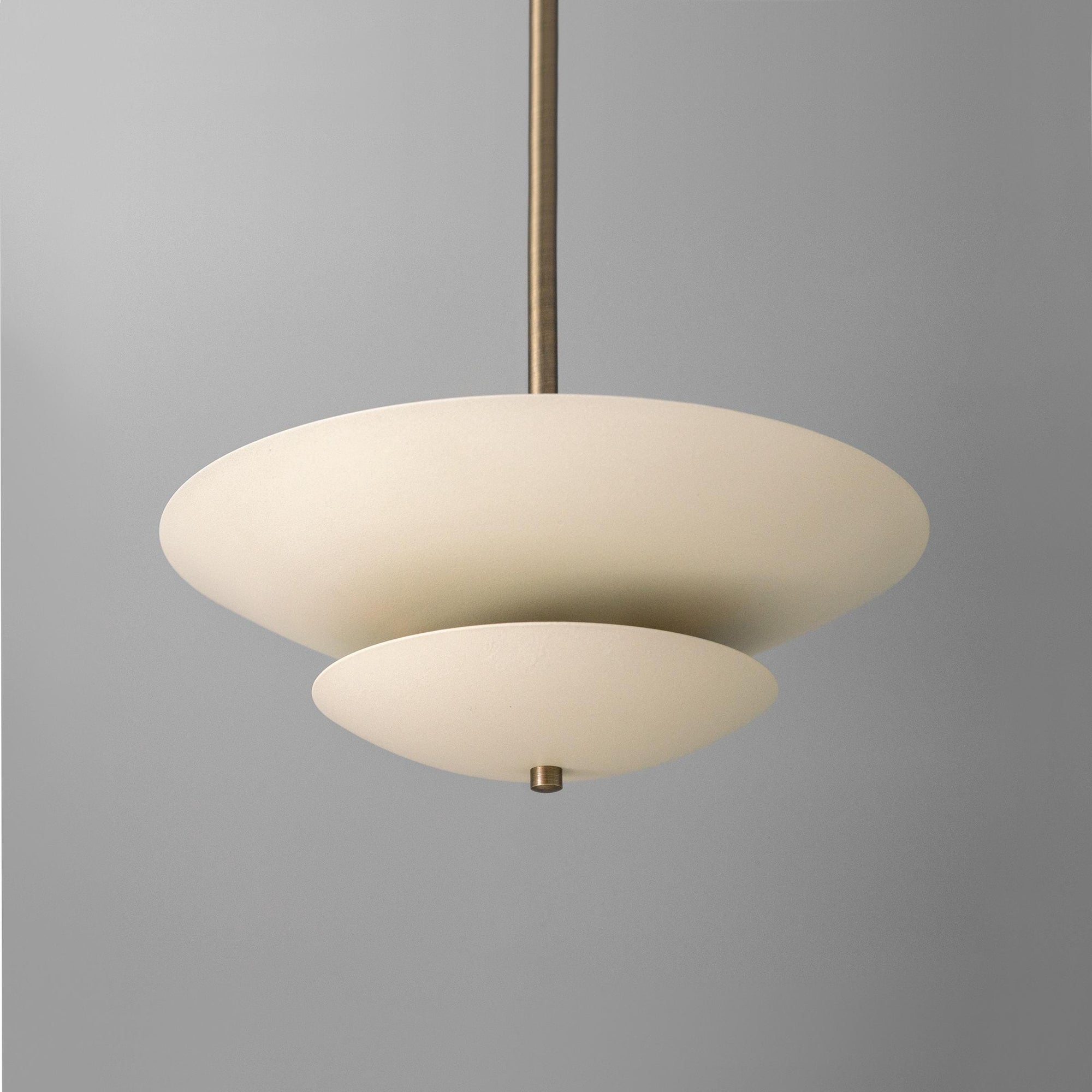Mid-century modern cream pendant chandelier with two disc-shaped shades and brass suspension rod. - CHANDELIER MODEL NO. 3434