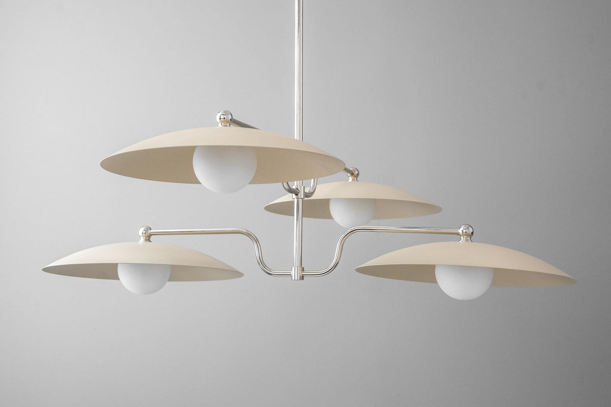 Mid-century modern chandelier with three matte brass disc shades and white globe bulbs. - CHANDELIER MODEL NO. 1192