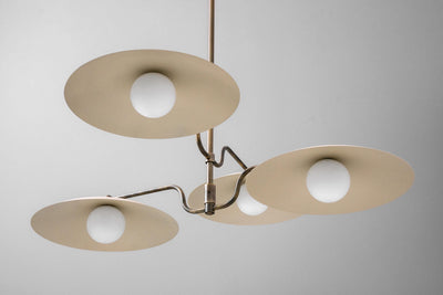 Mid-century modern chandelier with three beige disc-shaped shades and round white bulbs on antique brass arms. - CHANDELIER MODEL NO. 1192