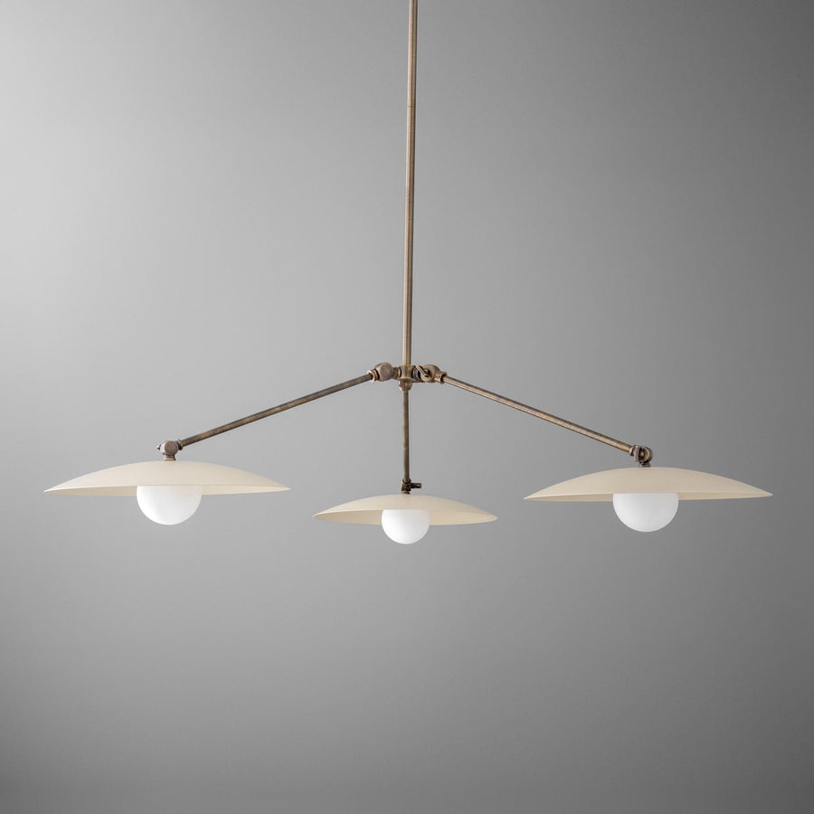 Antique brass chandelier with three flat disc shades and round white bulbs suspended on a rod. - CHANDELIER  MODEL NO. 7014