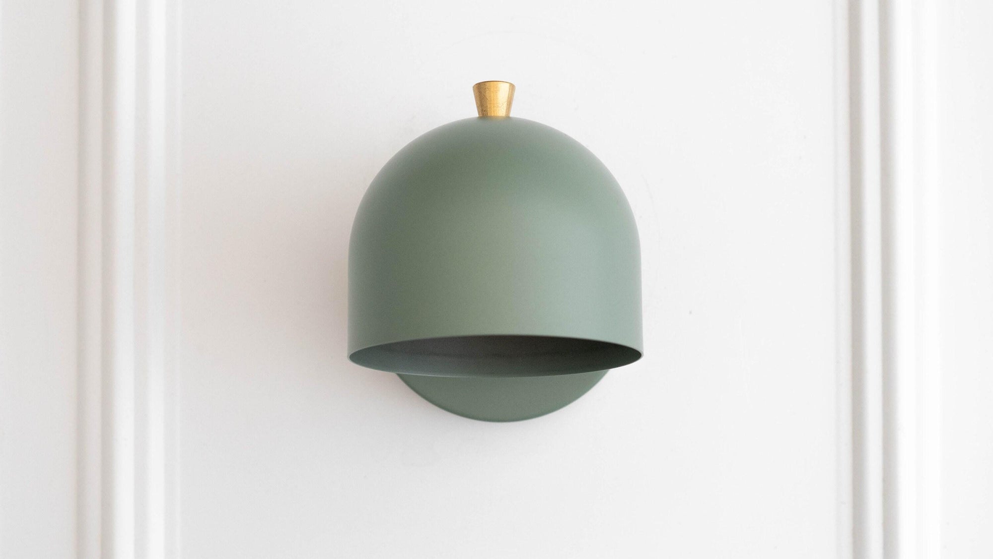 Green matte metal semi-flush wall sconce with rounded shade and brass accent knob. - SCONCE MODEL NO. 0997
