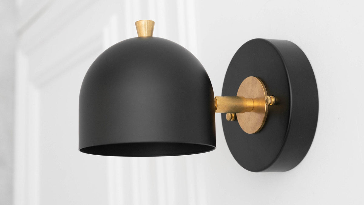 Matte black semi-flush sconce with curved shade and brass accents in Scandinavian design. - SCONCE MODEL NO. 0997