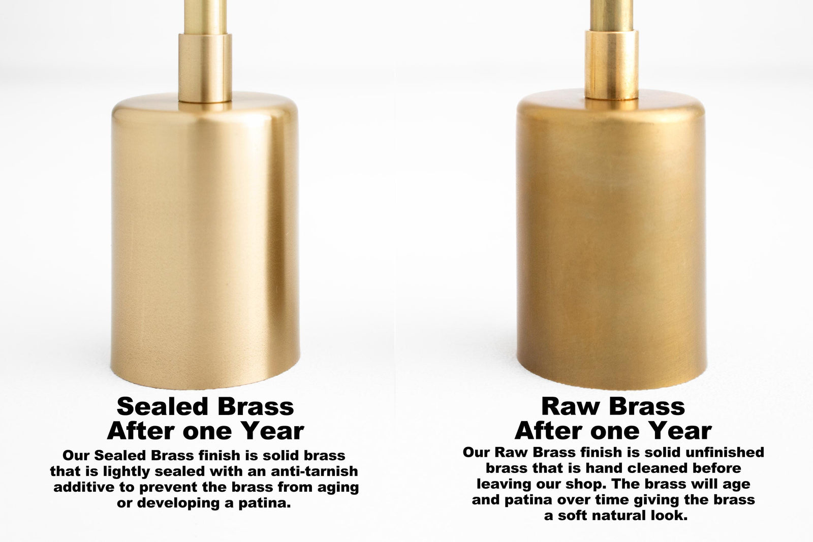 Two cylindrical brass sconce shades side by side, one with a polished finish and one with a brushed, matte finish, both. - SCONCE MODEL NO. 0997
