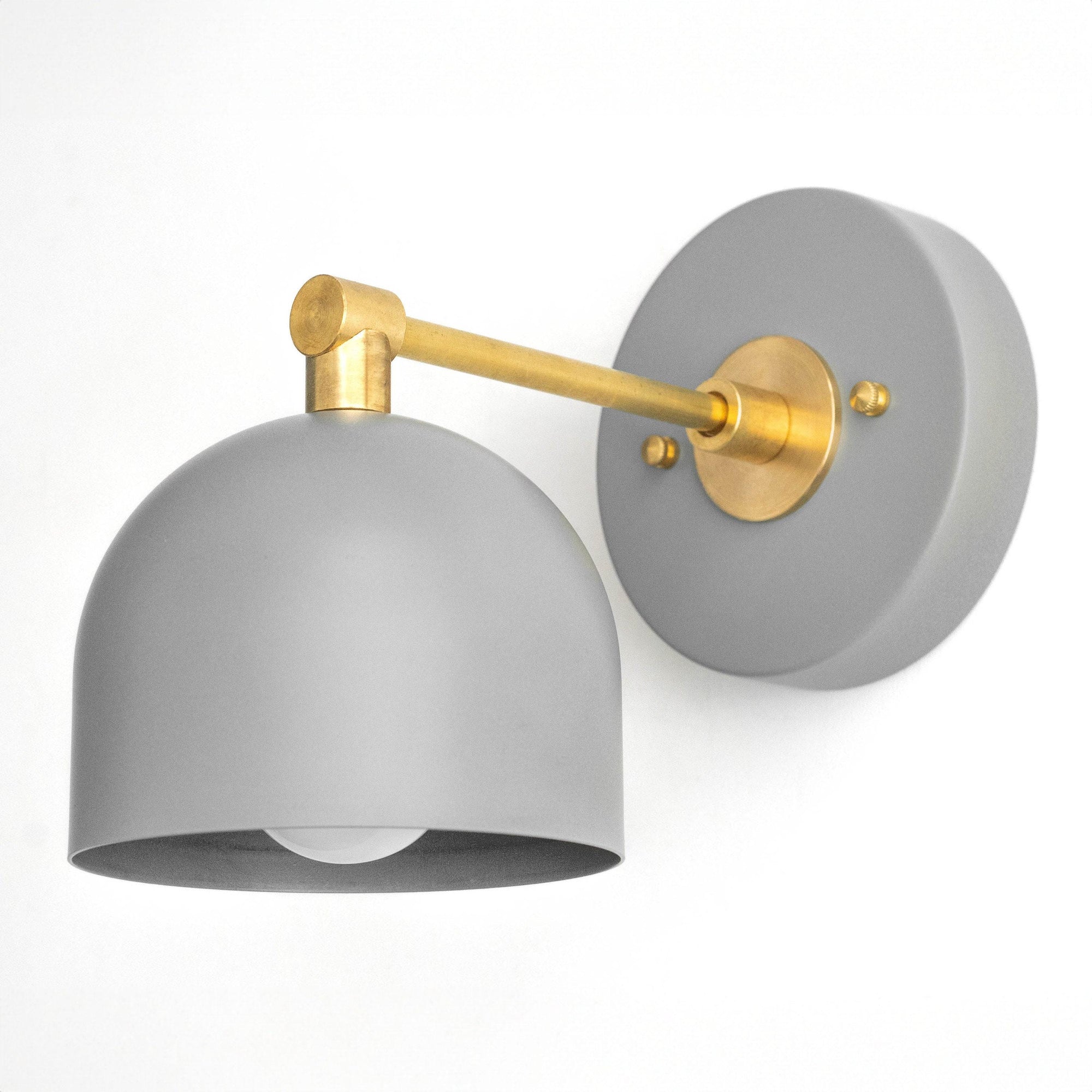 Gray matte metal sconce with brushed brass arm and round wall mount, dome-shaped shade. - SCONCE MODEL NO. 3242