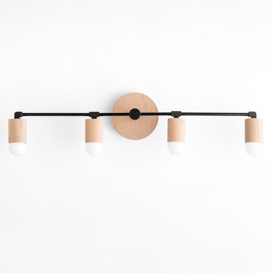 Four-bulb vanity light with natural wood accents and black metal frame. - VANITY LIGHT MODEL NO. 2017