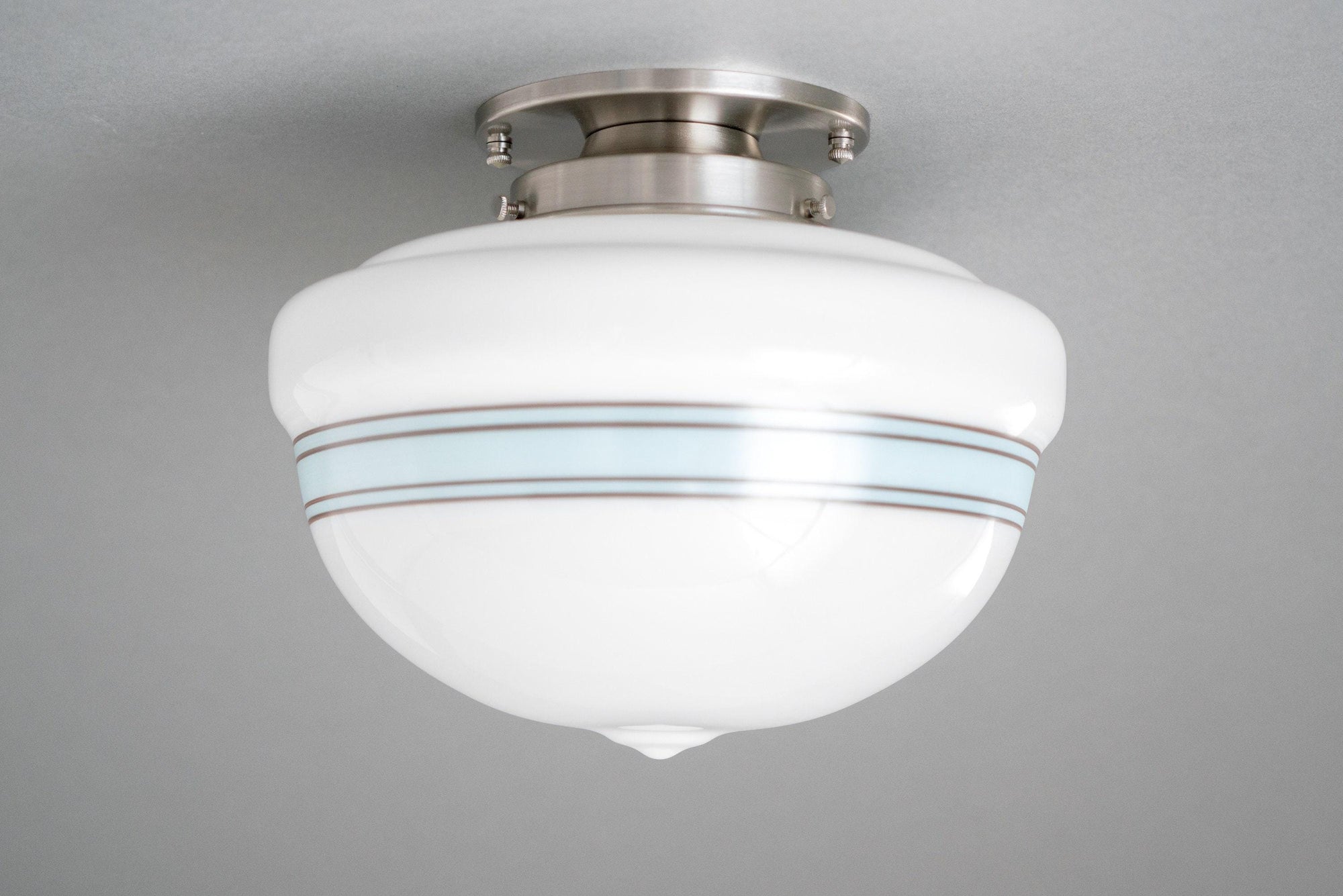 Art Deco flush mount ceiling light with white globe and brushed nickel base. - CEILING LIGHT MODEL NO. 9927