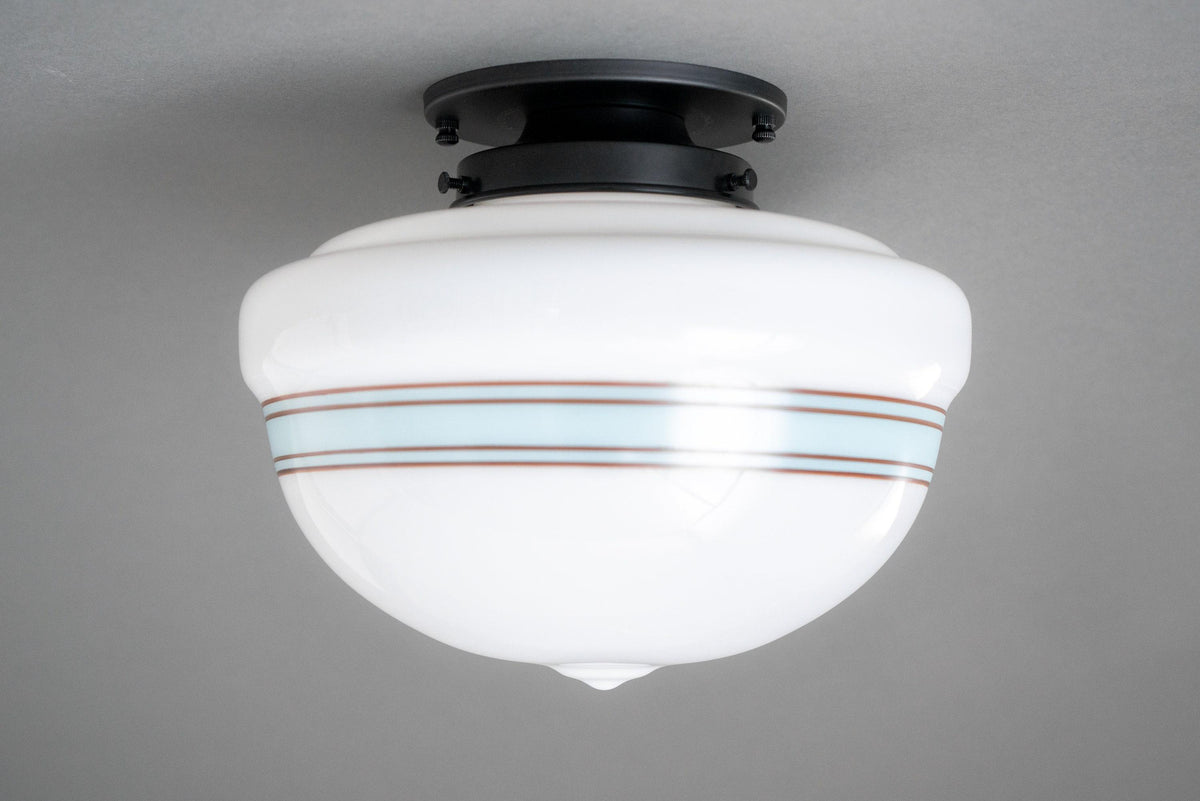 Flush mount ceiling light with white glass globe and black metal base, accent stripes on shade. - CEILING LIGHT MODEL NO. 9927