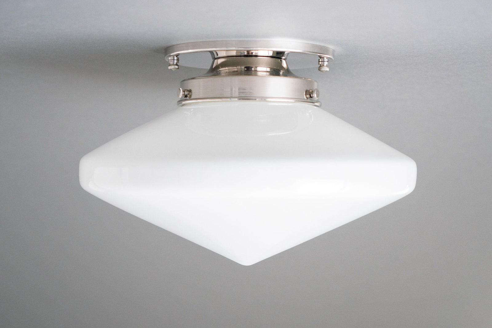 Art Deco flush mount ceiling light with white geometric glass shade and polished nickel base. - CEILING LIGHT MODEL NO. 5862