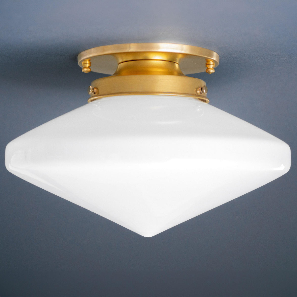Flush mount ceiling light with white diamond-shaped glass shade and raw brass finish base. - CEILING LIGHT MODEL NO. 5862