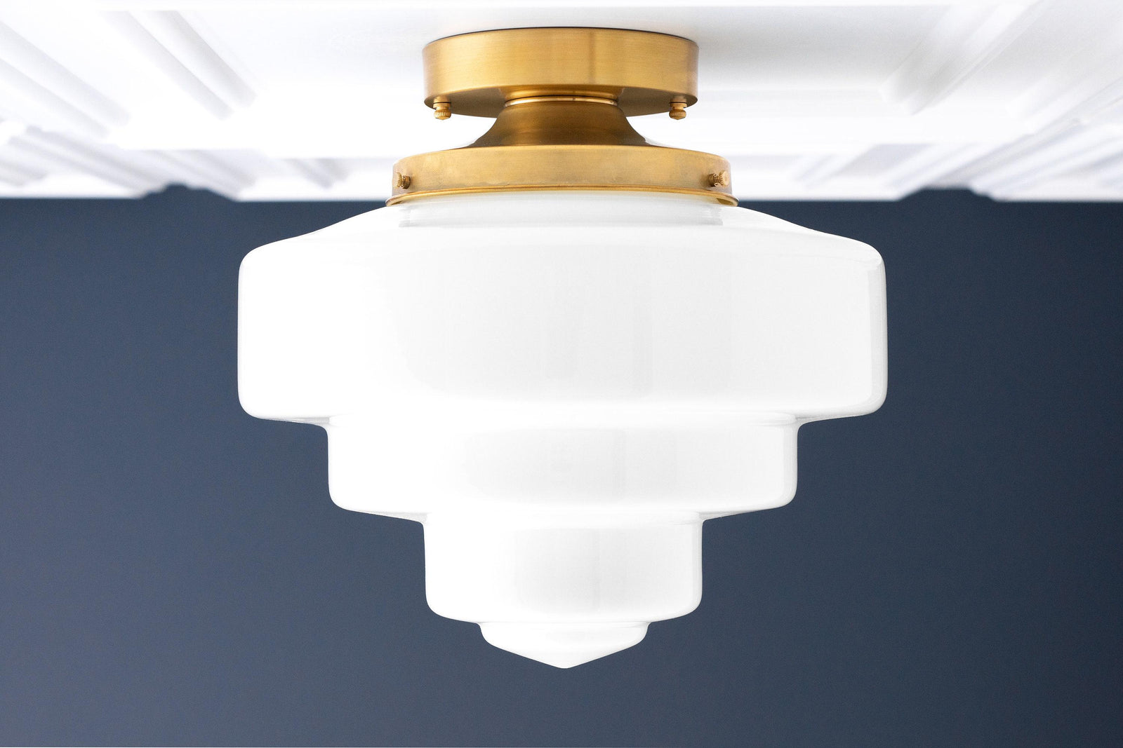 Art Deco style flush mount ceiling light with tiered white glass globe and brass finish base. - CEILING LIGHT MODEL NO. 7458