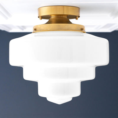 Art Deco stepped globe flush mount ceiling light with raw brass fixture. - CEILING LIGHT MODEL NO. 7458