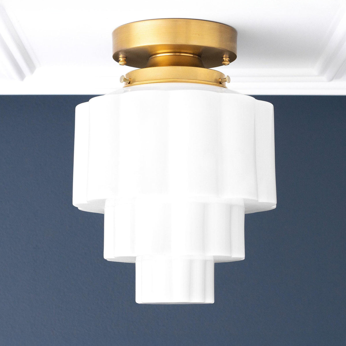 Flush ceiling light in Sealed Brass with a tiered opal glass shade. - CEILING LIGHT MODEL NO. 3582