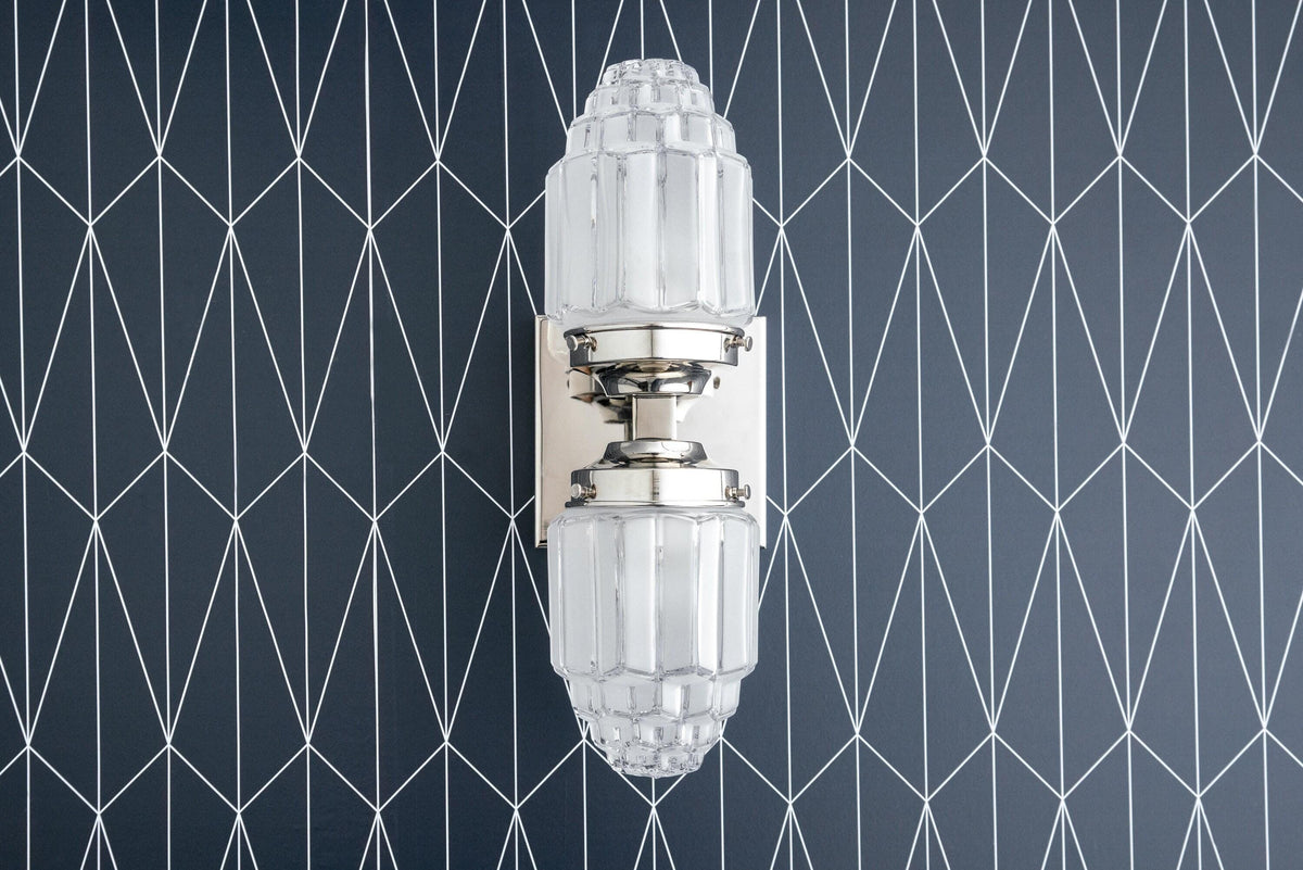 Polished nickel Art Deco wall sconce with ribbed glass globes and up/down lighting. - SCONCE MODEL NO. 7180
