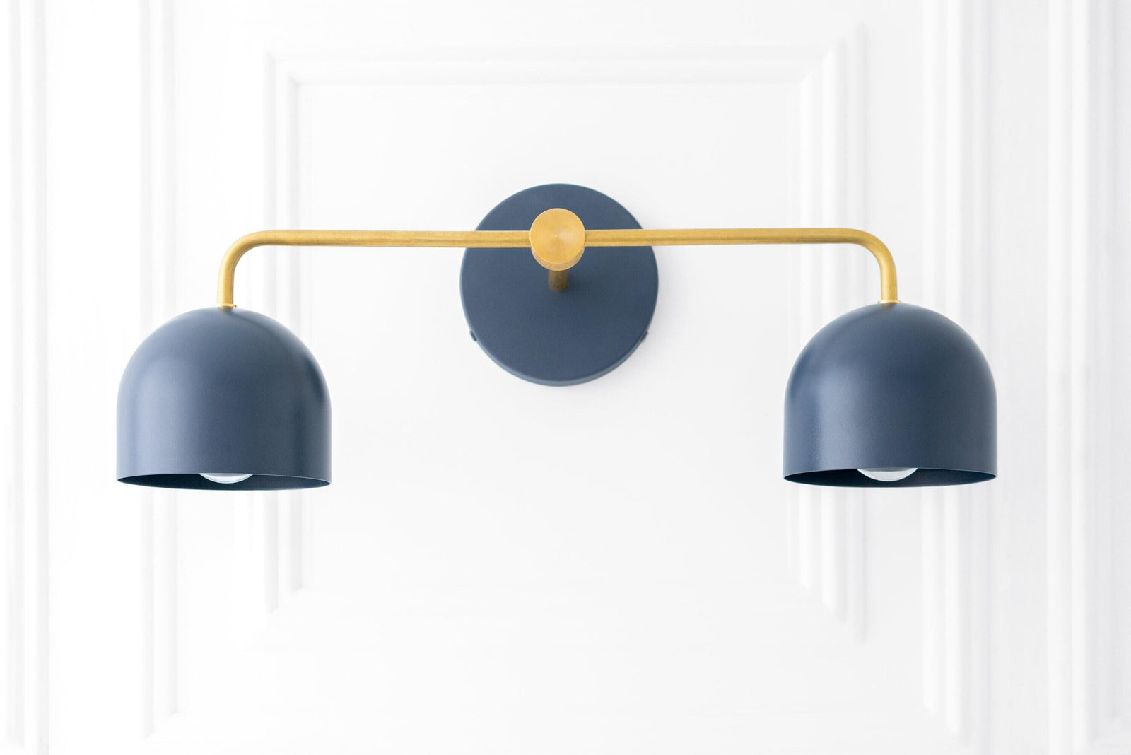 Raw brass two-bulb vanity light with coal blue Art Deco dome shades and round backplate. - VANITY LIGHT MODEL NO. 2082