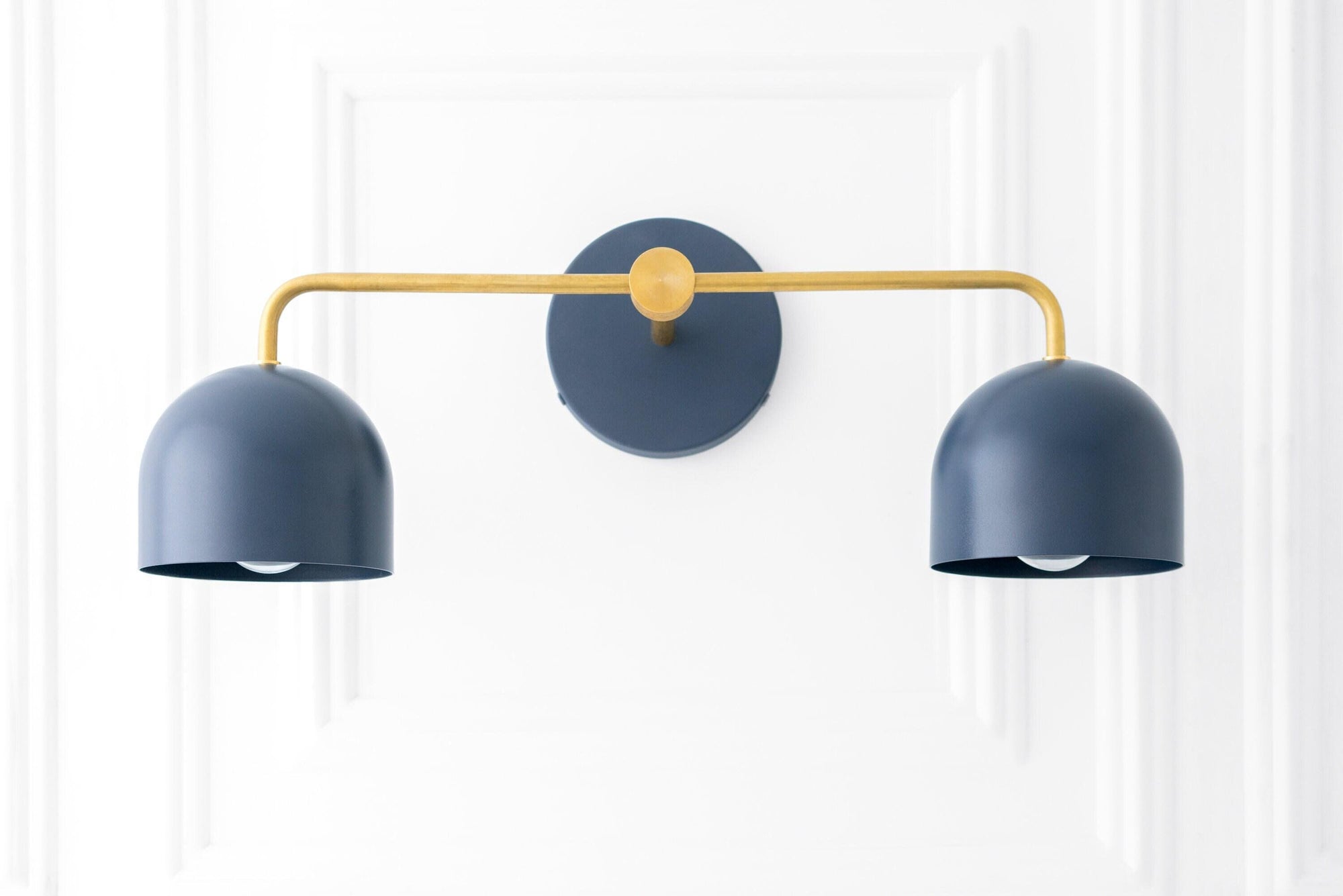 Raw brass two-bulb vanity light with coal blue Art Deco dome shades and round backplate. - VANITY LIGHT MODEL NO. 2082