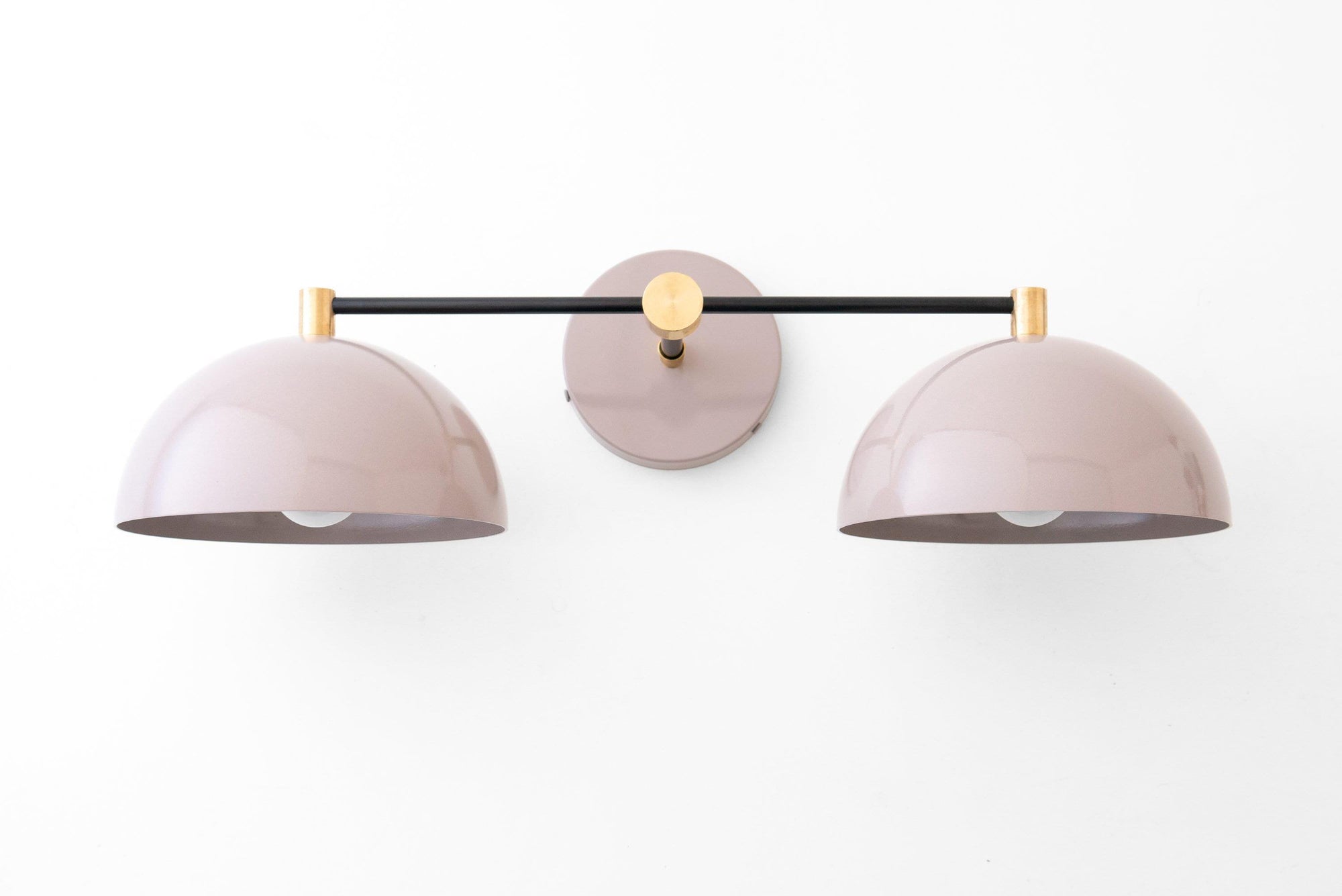 Art Deco double dome vanity light with mauve shades and black raw brass arm. - VANITY LIGHT MODEL NO. 1027
