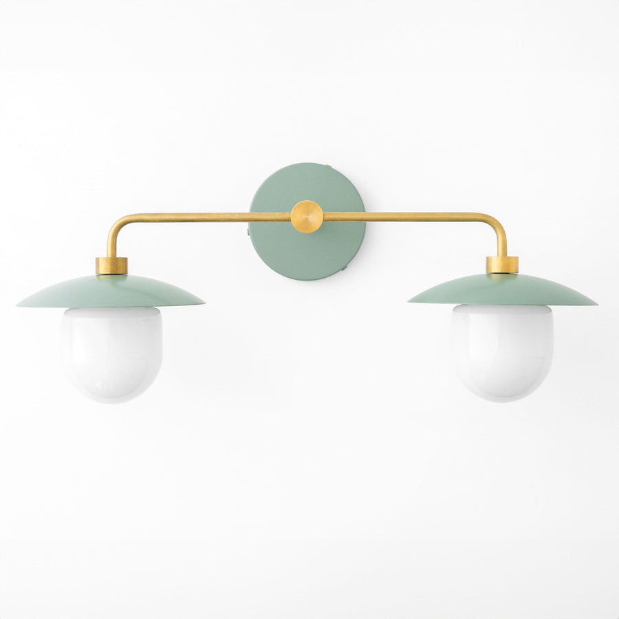 Mid-century modern 2-bulb vanity light with matte green shades and brass fixture. - VANITY LIGHT MODEL NO. 0648