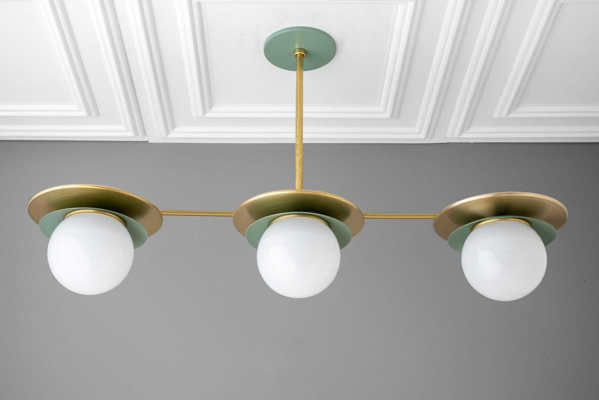 Mid-century modern chandelier with three green brass arms and white globe bulbs suspended from ceiling mount. - CHANDELIER MODEL NO. 7967