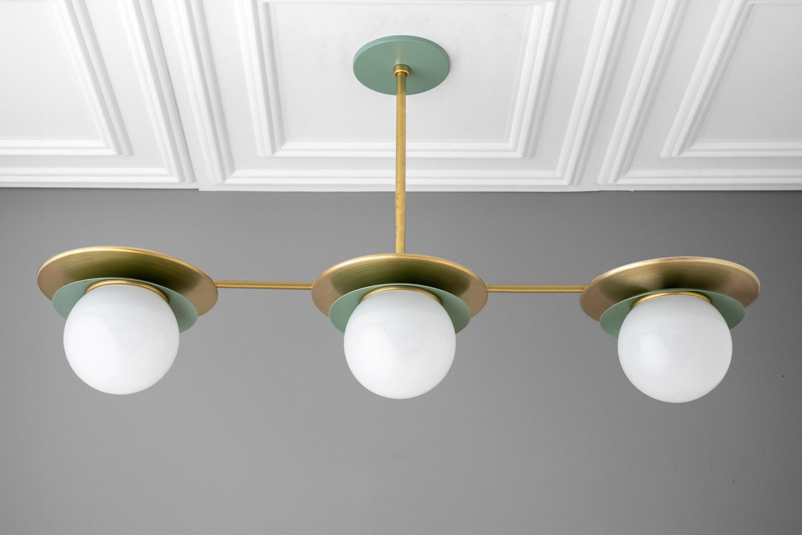 Mid-century modern chandelier with three green brass arms and white globe bulbs suspended from ceiling mount. - CHANDELIER MODEL NO. 7967