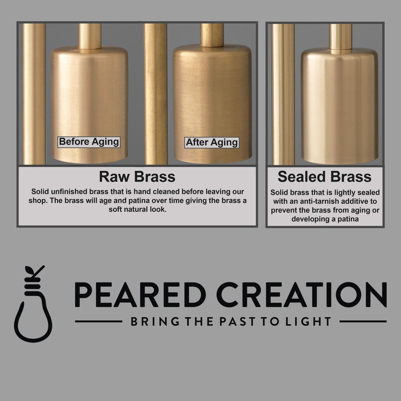 Side-by-side comparison of raw brass and sealed brass finishes on cylindrical chandelier parts showing natural aging effects. - CHANDELIER MODEL NO. 1239