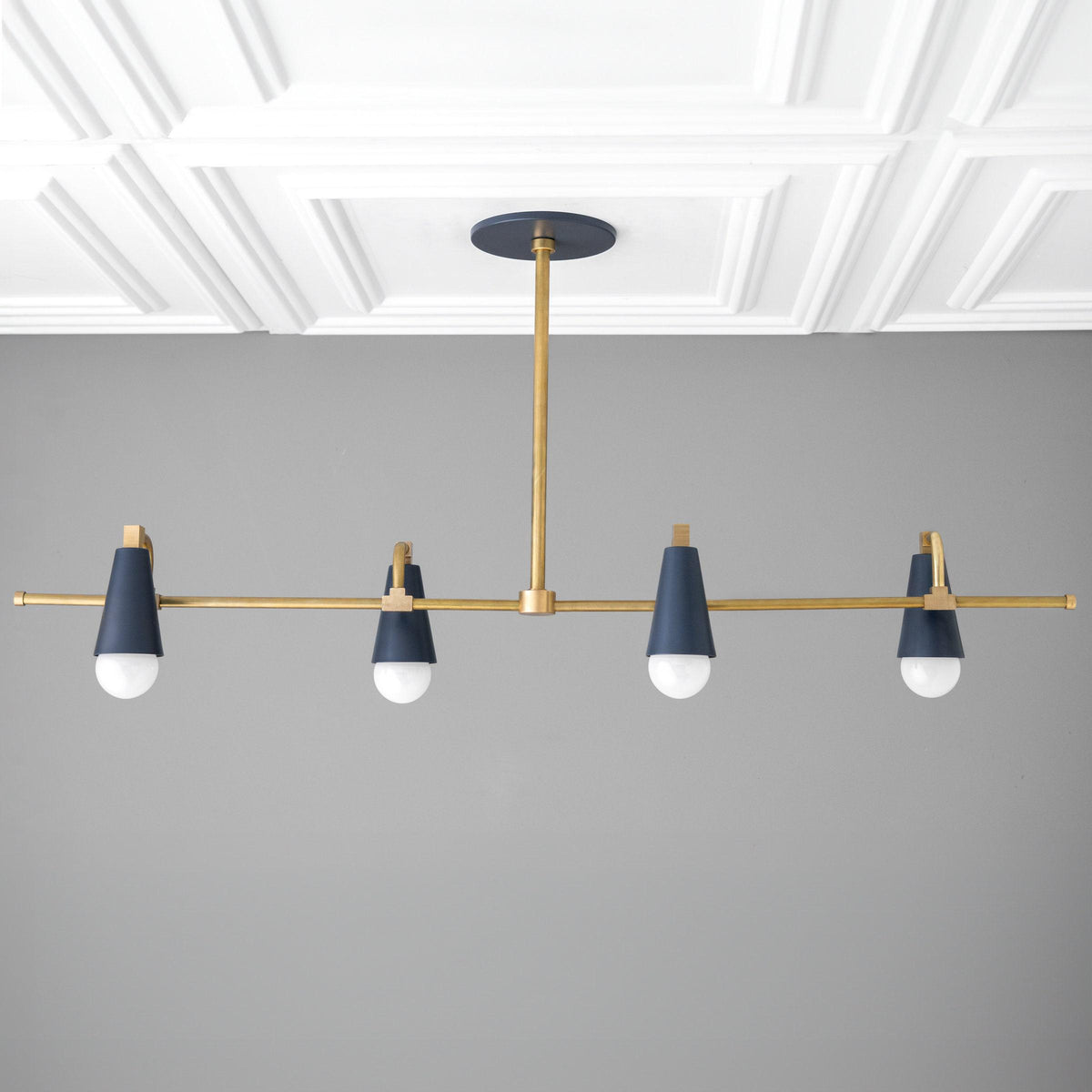 Art Deco raw brass chandelier with coal blue bare bulb fixtures, linear design, 4-light. - CHANDELIER MODEL NO. 1239