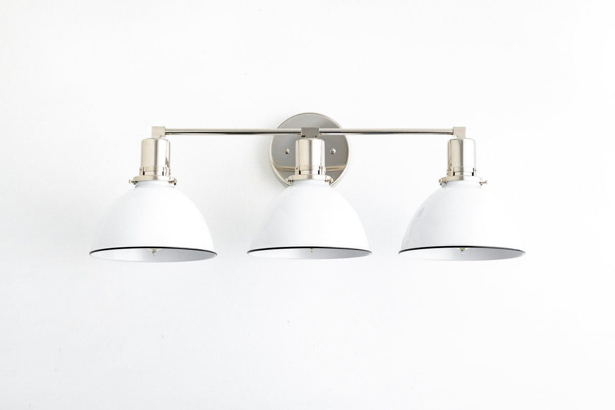Mid-century modern 3-bulb vanity light with white conical shades and polished nickel finish. - VANITY LIGHT MODEL NO. 2439