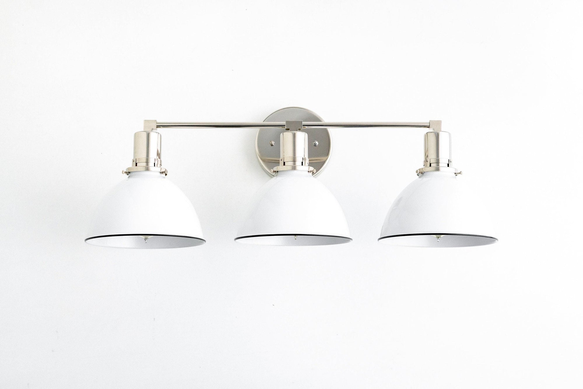 Mid-century modern 3-bulb vanity light with white conical shades and polished nickel finish. - VANITY LIGHT MODEL NO. 2439