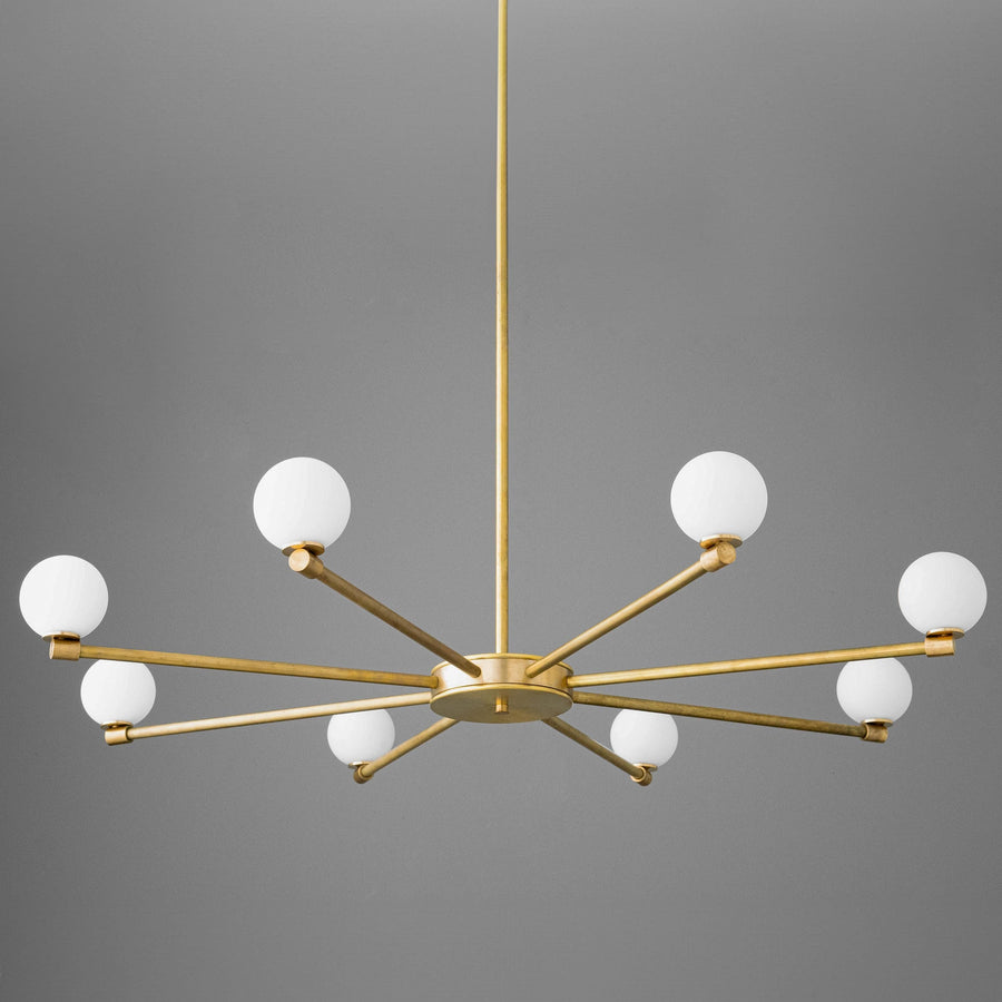Raw brass chandelier with twelve white frosted glass globes in a starburst design. - CHANDELIER MODEL NO. 3192