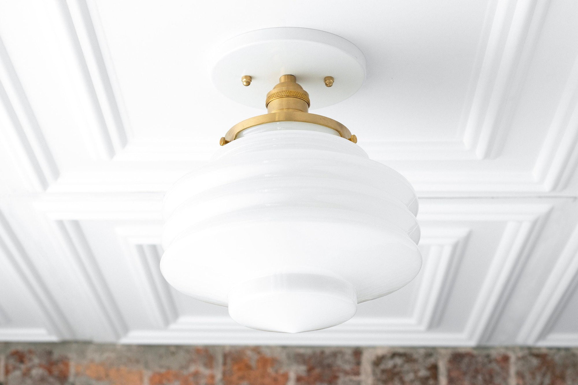 White stepped globe ceiling light with raw brass semi-flush mount and curved arms. - CEILING LIGHT MODEL NO. 8295