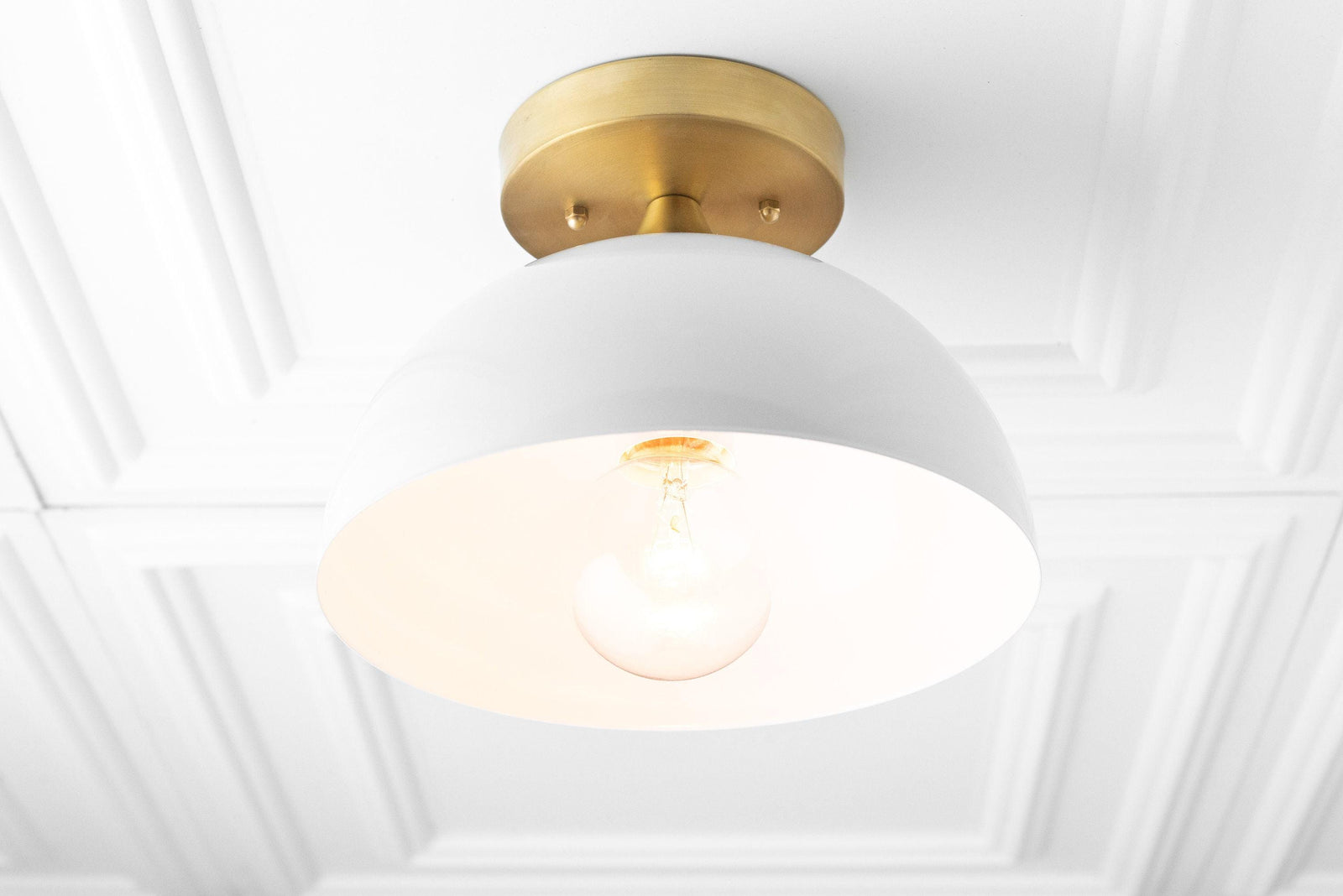 Mid-century modern semi-flush ceiling light with white dome shade and brass base. - CEILING LIGHT MODEL NO. 8510