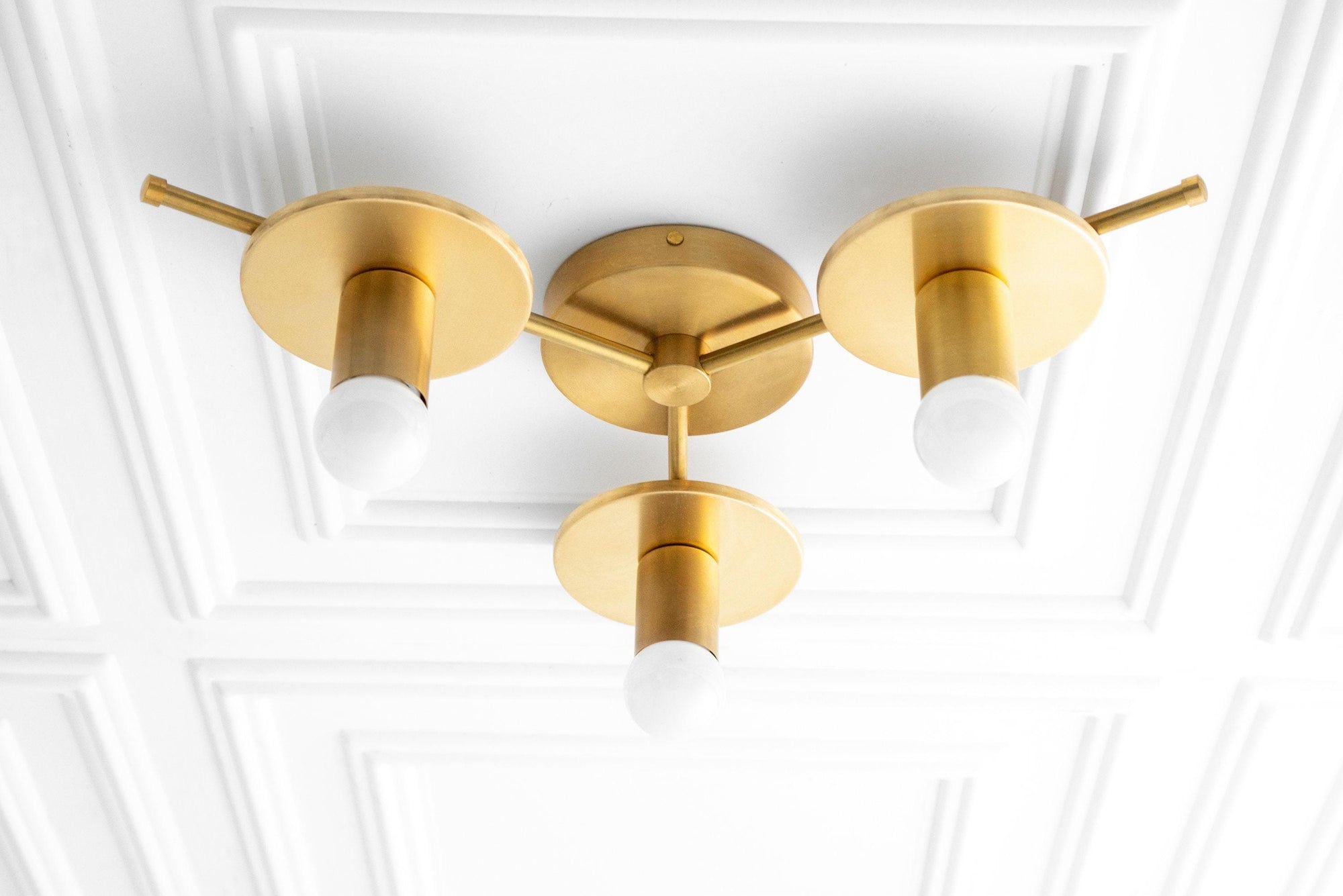 Mid-century modern antique brass flush mount chandelier with three exposed white bulbs. - CHANDELIER MODEL NO. 9526
