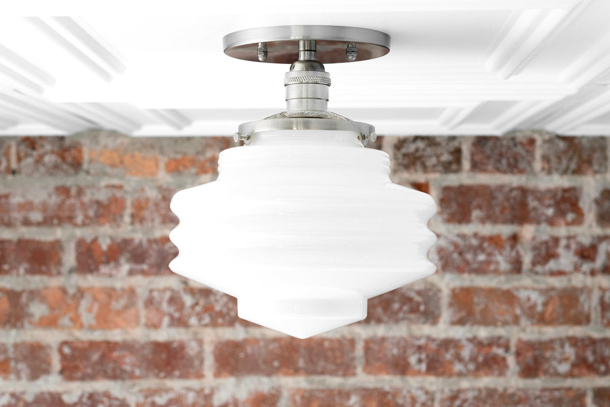 Mid-century modern semi-flush ceiling light with ribbed white glass globe and brushed nickel fixture. - CEILING LIGHT MODEL NO. 8295