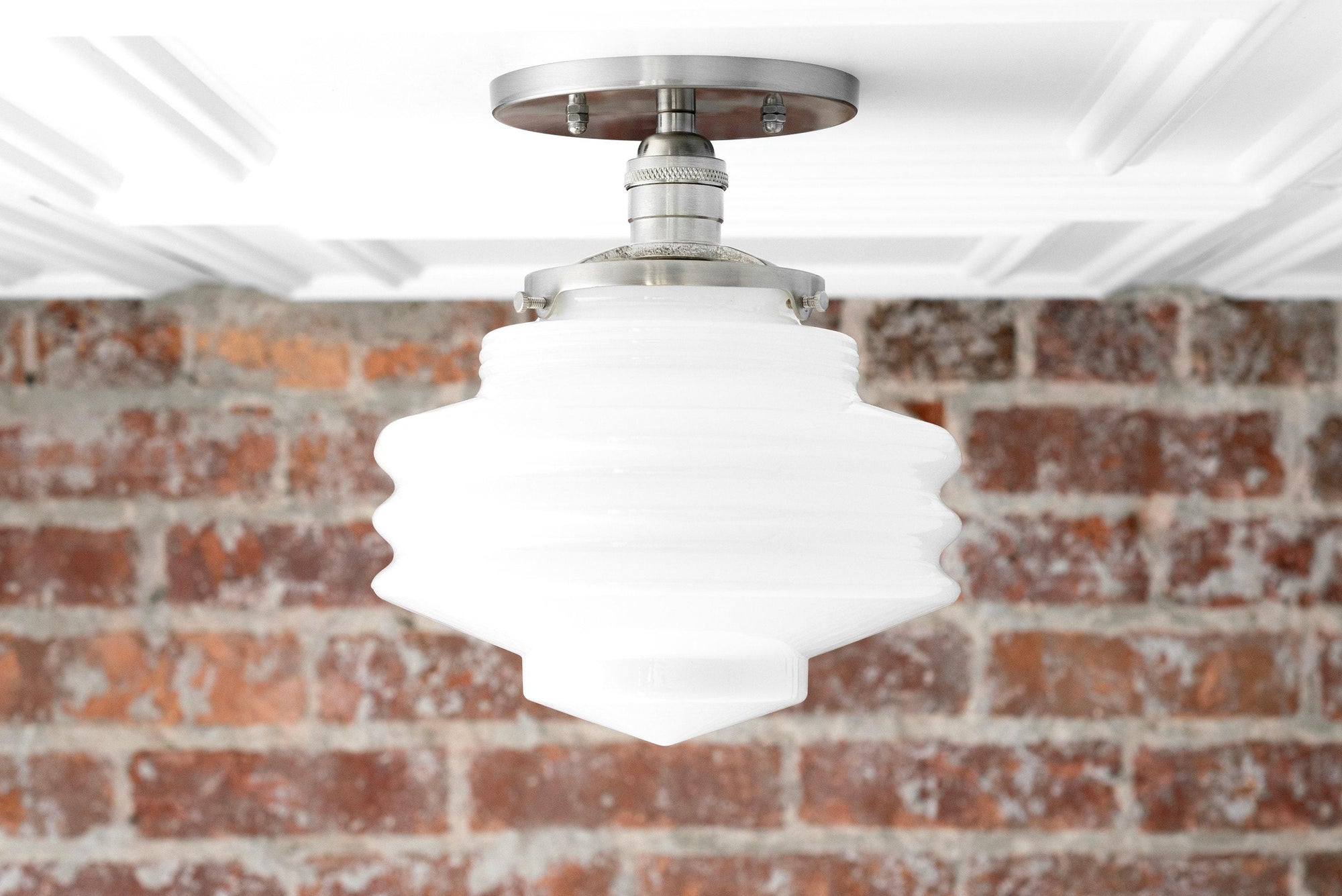 Mid-century modern semi-flush ceiling light with ribbed white glass globe and brushed nickel fixture. - CEILING LIGHT MODEL NO. 8295