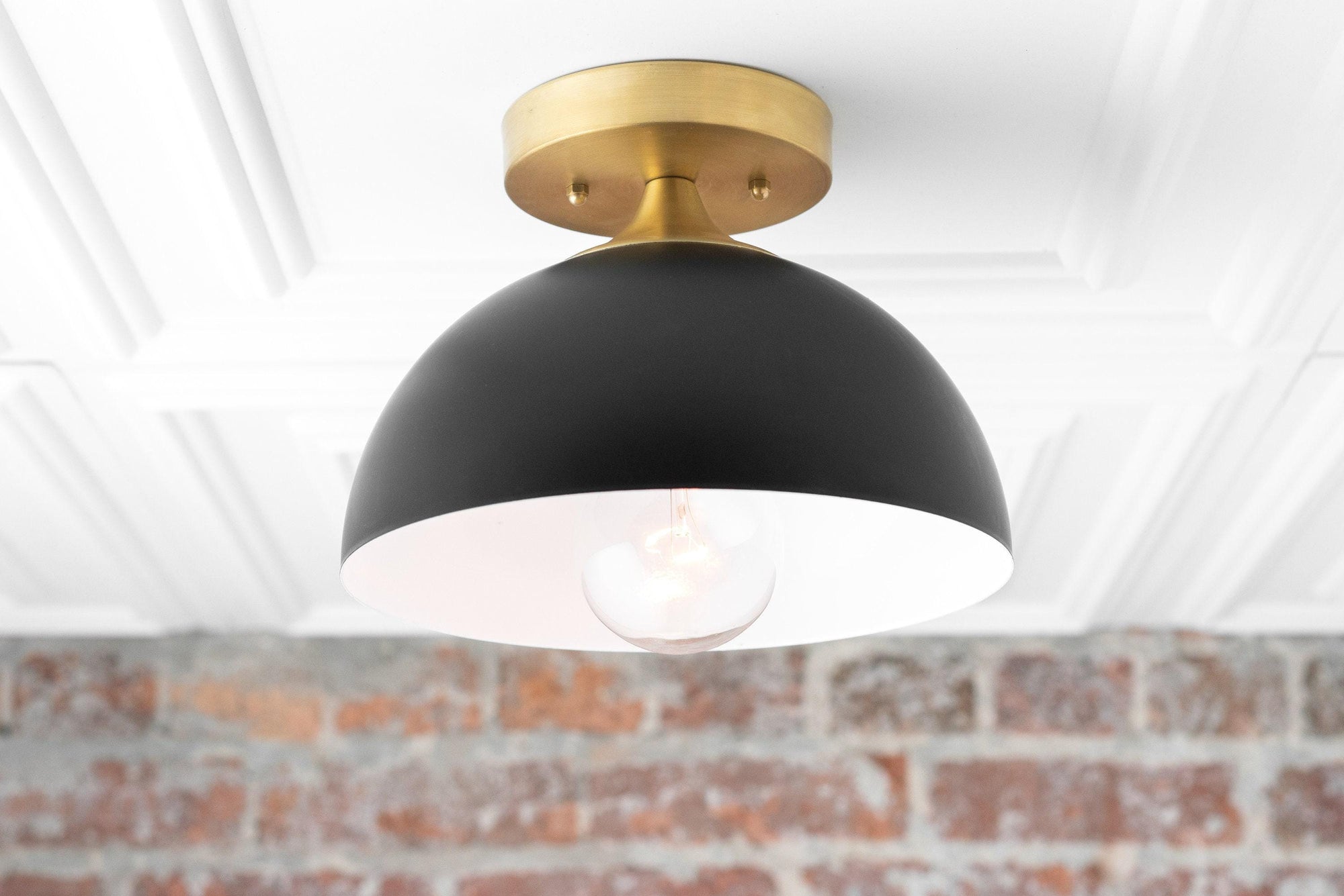 Black semi-flush ceiling light with white interior and brass mount, mid-century modern style. - CEILING LIGHT MODEL NO. 8510