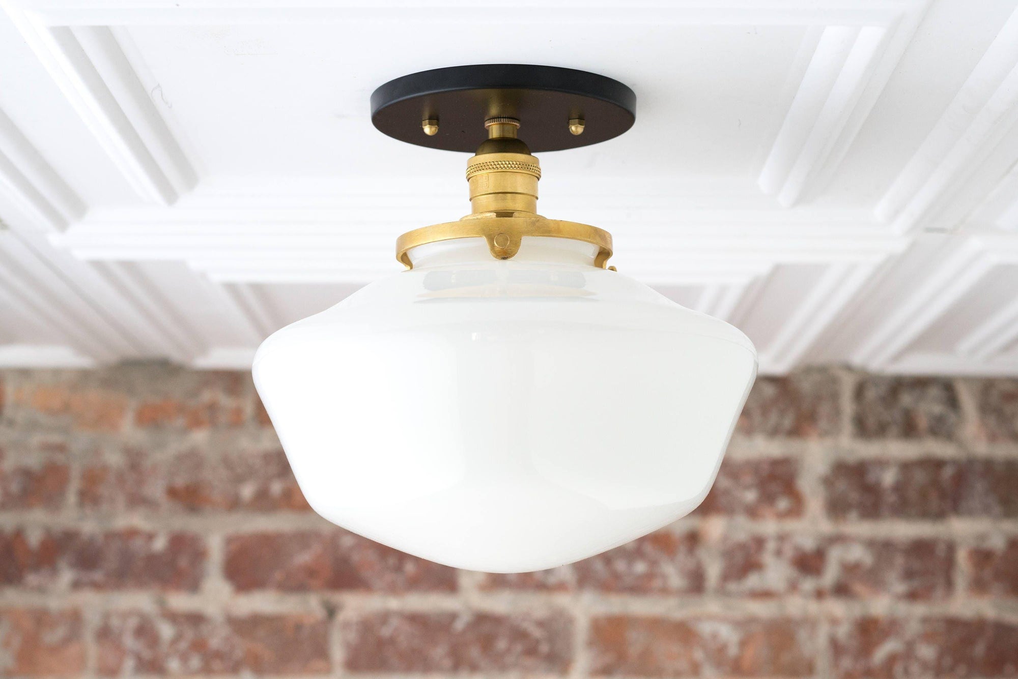 Mid-century modern semi-flush ceiling light with white globe and polished brass fixture. - CEILING LIGHT MODEL NO. 5754