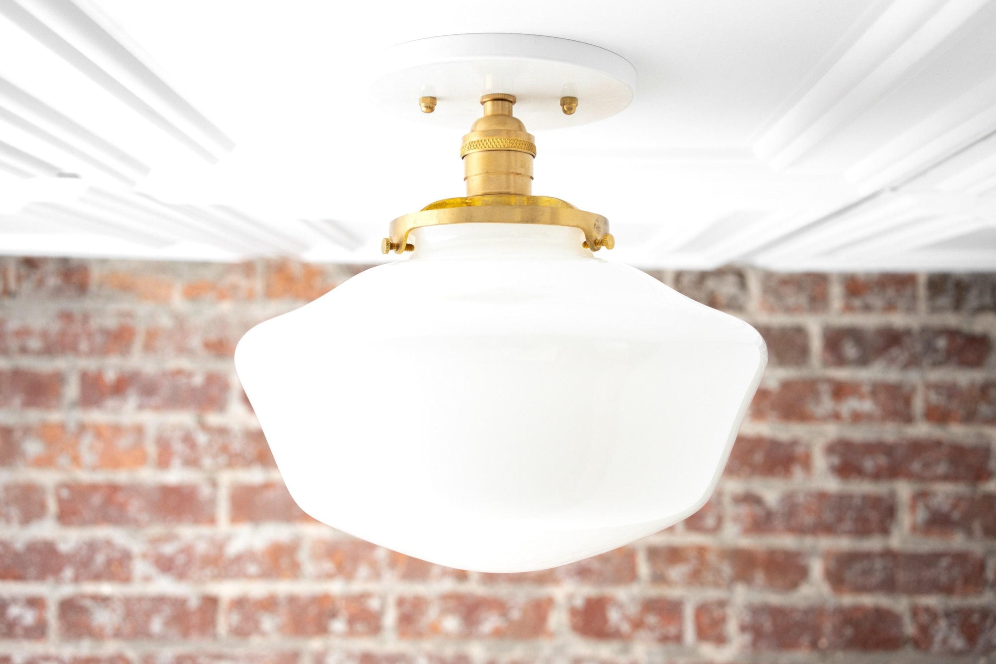 Mid-century modern semi-flush brass ceiling light with white globe shade and brass fixture. - CEILING LIGHT MODEL NO. 5754