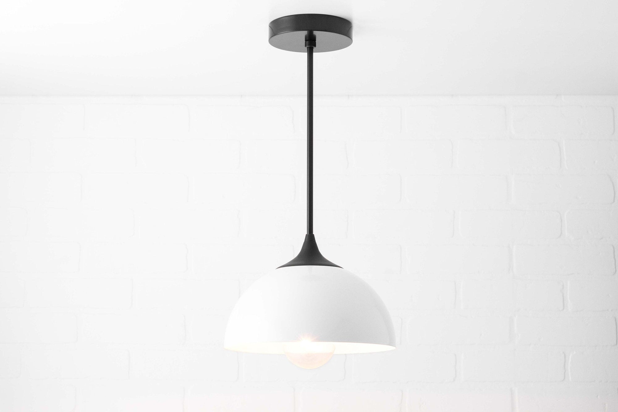 Mid-century modern white dome pendant shade with black hanging rod and ceiling mount. - PENDANT MODEL NO. 9263