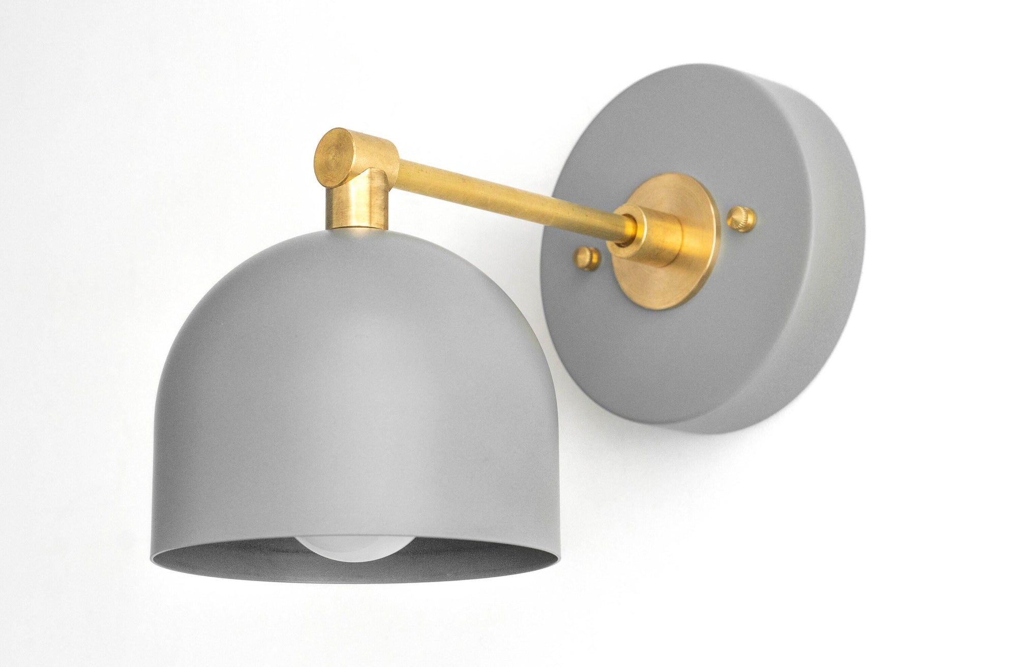 Gray metal semi-flush sconce with matte brass arm and round backplate. - SCONCE MODEL NO. 3242