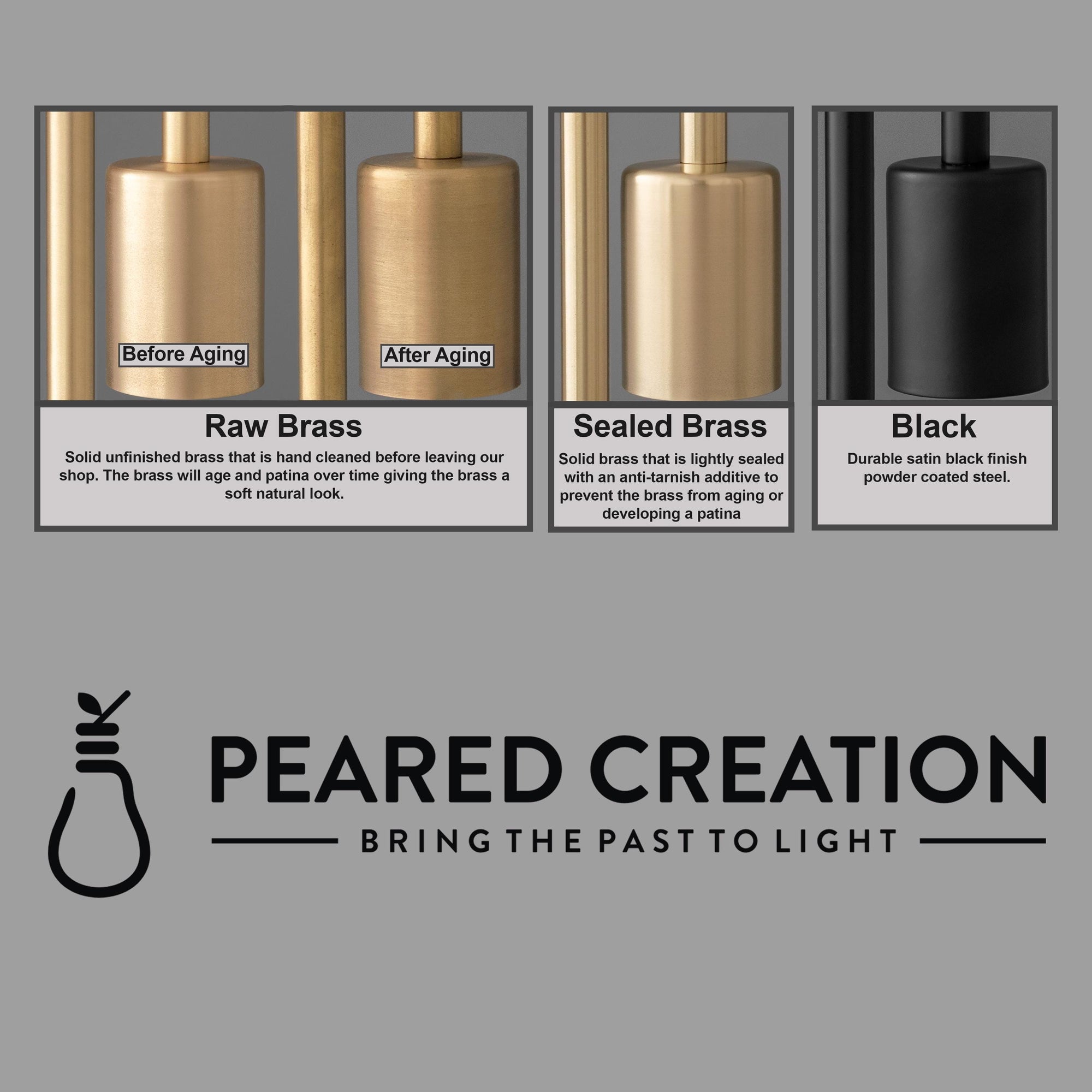 Vanity light finishes comparison showing raw brass, sealed brass, and matte black cylindrical shades with brass accents. - VANITY LIGHT MODEL NO. 7456