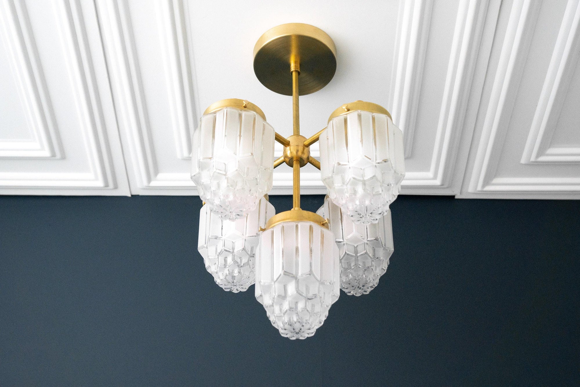 Art Deco chandelier with raw brass finish and five elegant faceted glass globe shades. - CHANDELIER MODEL NO. 0777
