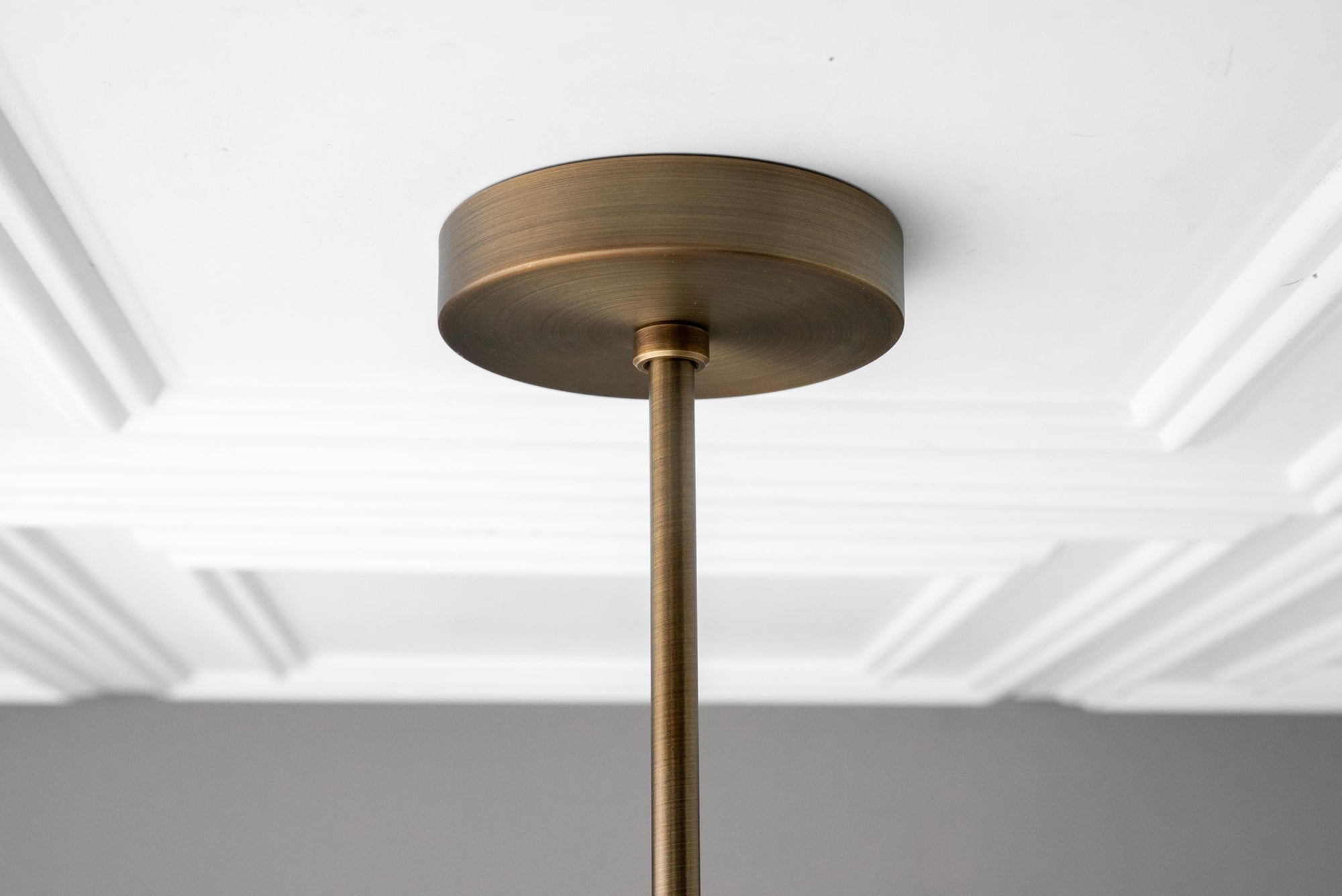 Antique brass ceiling mount and rod of chandelier with brushed finish and modern profile. - CHANDELIER MODEL NO. 2894