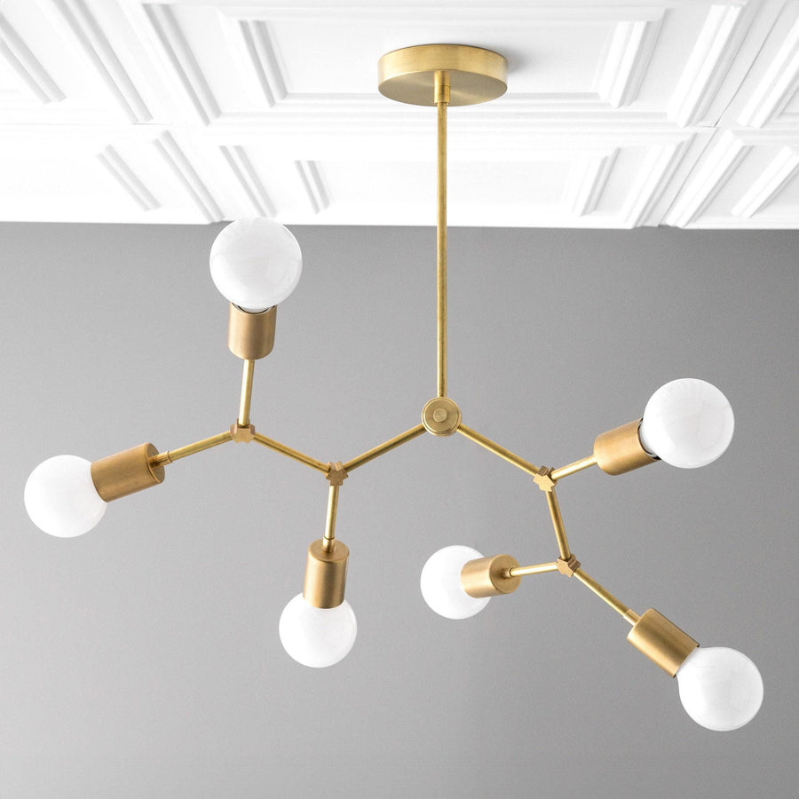 Raw brass Art Deco chandelier with six bare bulbs and branching arms. - CHANDELIER MODEL NO. 2523