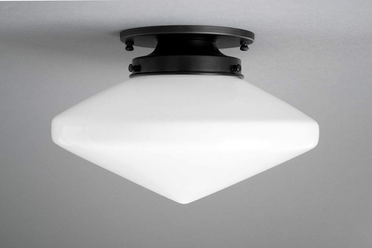 Art Deco flush mount ceiling light with matte black fixture and white tapered glass globe. - CEILING LIGHT MODEL NO. 5862