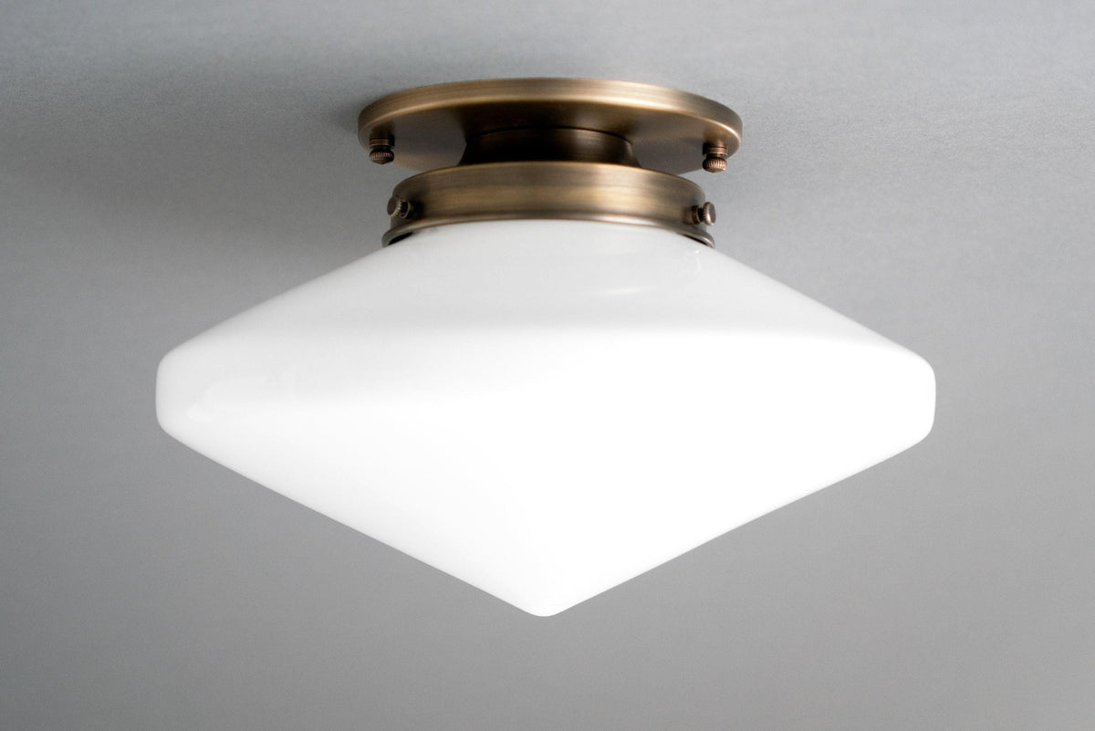 Flush mount ceiling light with white frosted square glass globe and antique brass base. - CEILING LIGHT MODEL NO. 5862