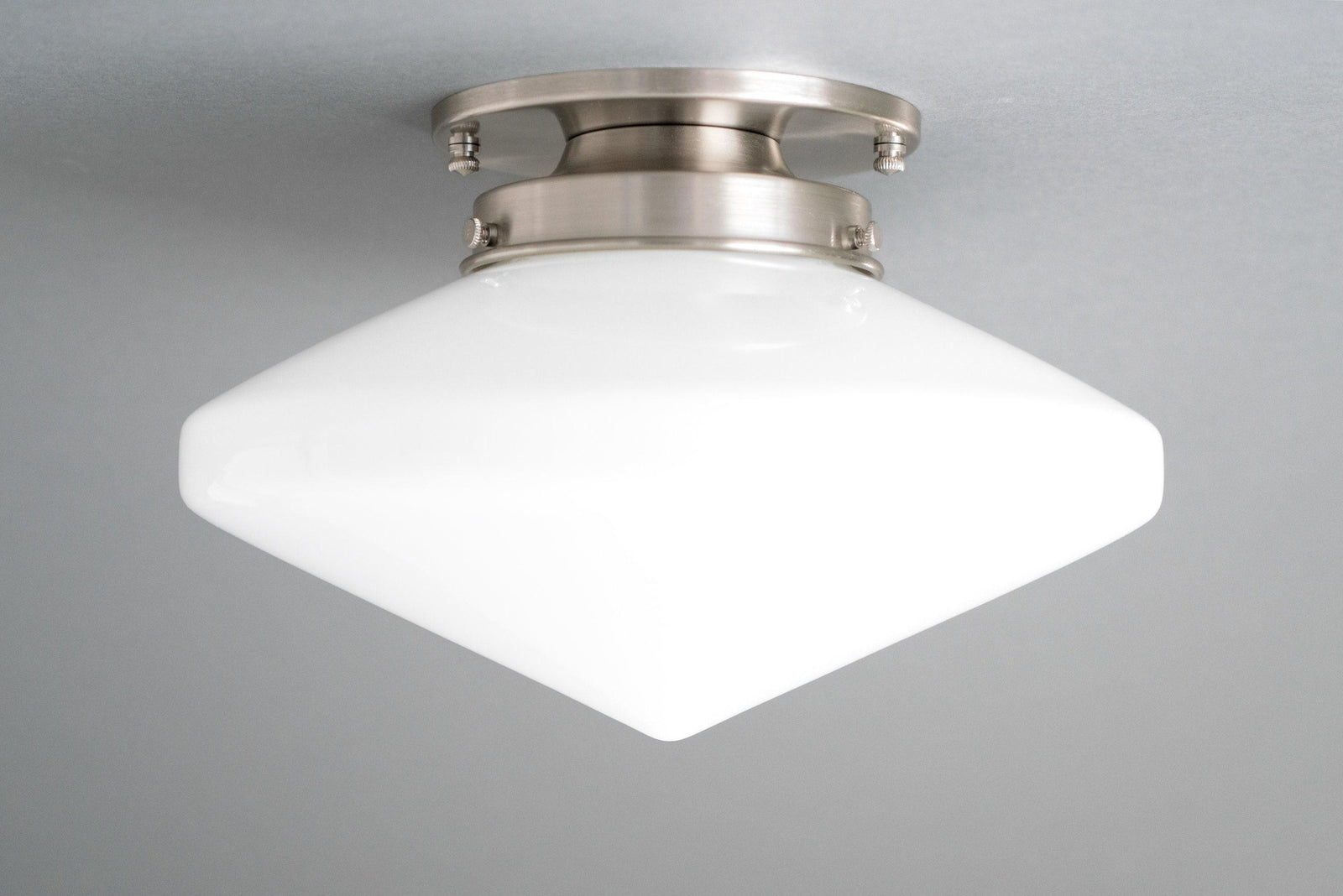 Flush mount ceiling light with square white glass shade and brushed nickel fixture. - CEILING LIGHT MODEL NO. 5862