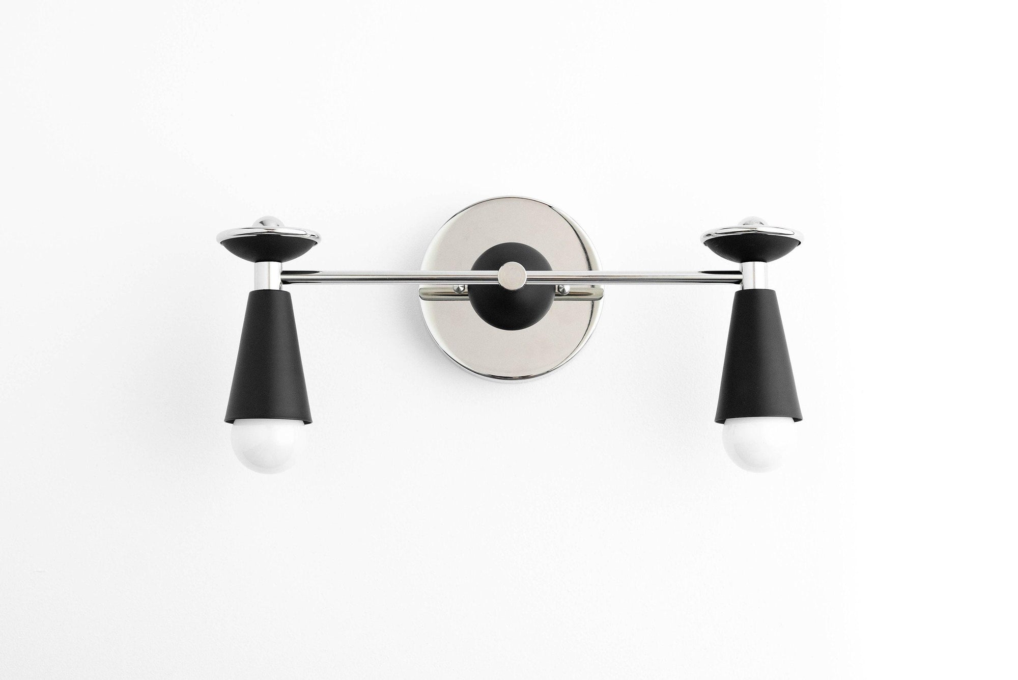 Art Deco black and polished nickel two-bulb vanity light with cone-shaped shades. - VANITY LIGHT MODEL NO. 4517