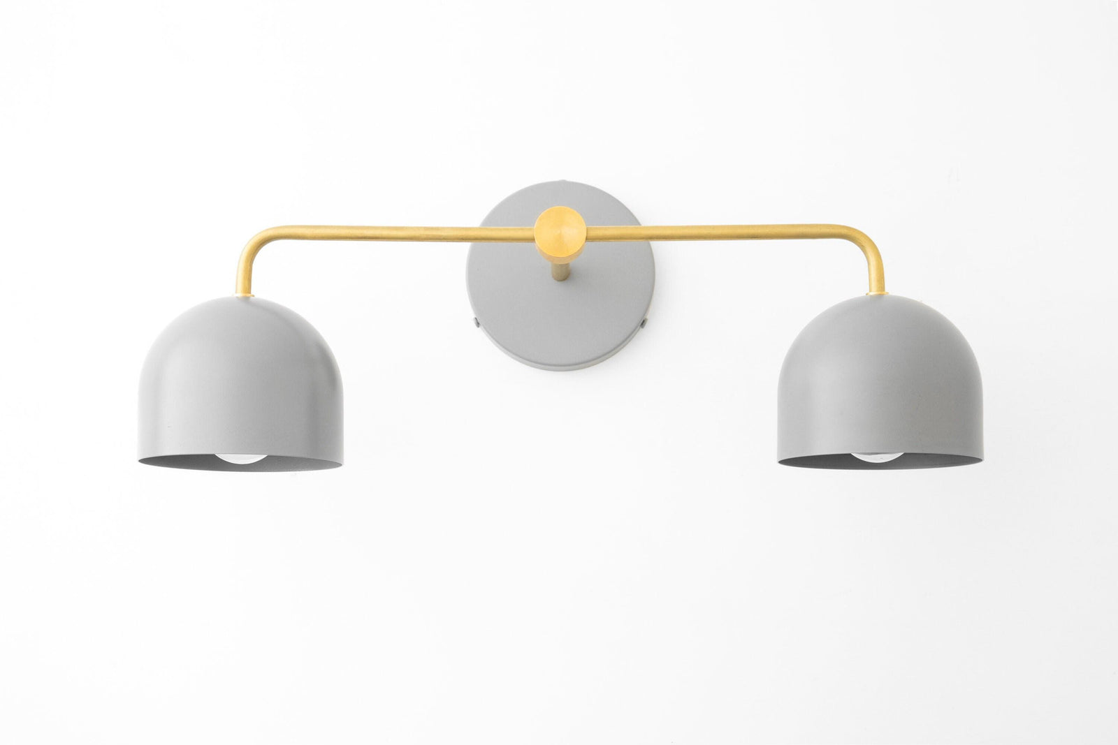 Raw brass vanity light with two gray dome shades and circular wall mount in gray. - VANITY LIGHT MODEL NO. 2082